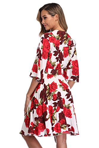Image of VintageClothing Women's Floral Sundresses Flowy Boho Summer Beach Dress | Lightweight Breathable material,Elegant V Neck and Button Front Design,Flared Bell Sleeve Cut,Mini Casual dress