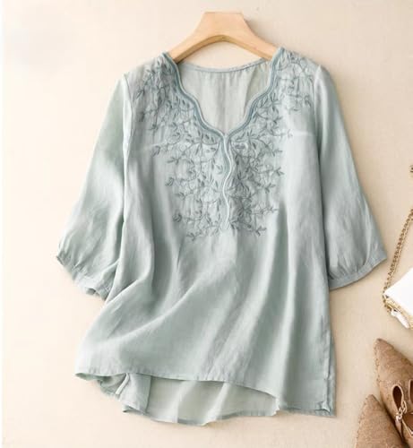 Image of RIEKA Womens Elegant Beige Floral Embroidered Tunic Top with Scalloped V Neck, Elbow Length Sleeves, Relaxed Fit, Lightweight, Casual Ethnic Style Top