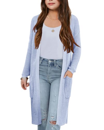 Amarmia Girl's Open Front Cardigan Long Sleeve Knit Sweaters Lightweight Summer Solid Loose Outerwear Coats with Pockets