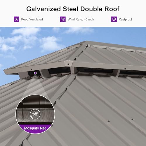 Image of PURPLE LEAF 8' x 12' Outdoor Hardtop Gazebo, Champagne Aluminum Gazebo with Galvanized Steel Double Roof, Curtains and Netting for Patio Lawn and Garden