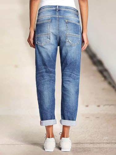 Flamingals Straight Leg Mid Rise Boyfriend Ripped Roll Hem Denim Jeans3