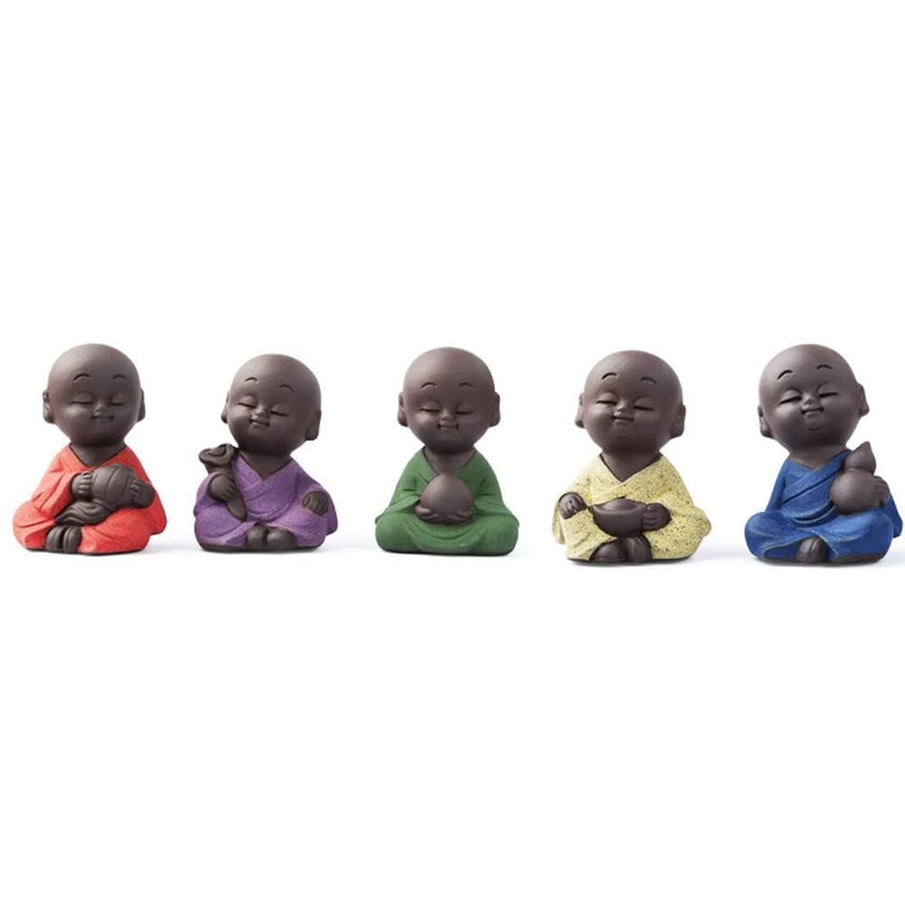 YUZDNM 5pcs Chinese Little Monk Statue, Cute Baby Feng Shui Buddha Monk Tea Pet for Wealth and Health, Home Office Decor, Good Luck Gift, Collectable