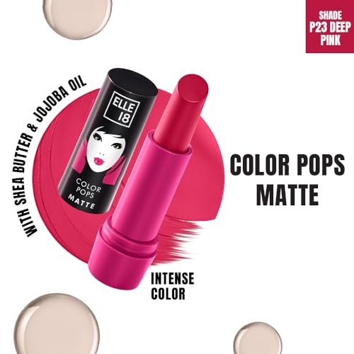 Image of Elle 18 Color Pops Matte Lipstick, Deep Pink, Moisturising Bullet Matte, with Vitamin E, Highly Pigmented, Infused with Jojoba Oil and Shea Butter | 4.3 g
