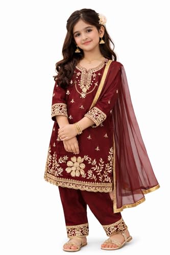 disson Girls Velvet Salwar Suit Set with Dupatta | Kurta Pant | Maroon, Blue & Black Festive Outfit | Ethnic Dress (US, Age, 8 Years, 10 Years, Maroon)
