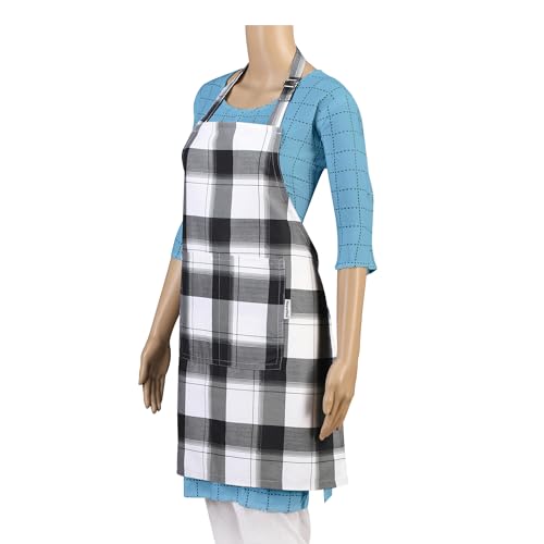Image of Cotton Kitchen Apron Pack of 2, Checkered Cooking Apron for Women & Home Cooks, Adjustable Strap, Large Pockets, Black and White