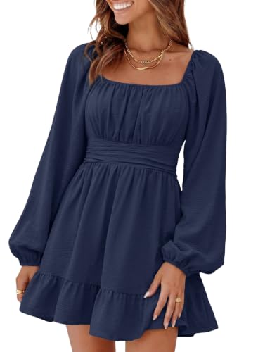 Image of Dokotoo Womens Dress Long Lantern Sleeve Square Neck Tie Backless Sexy Dress Ruffle Elastic Waist A-Line Mini Dress