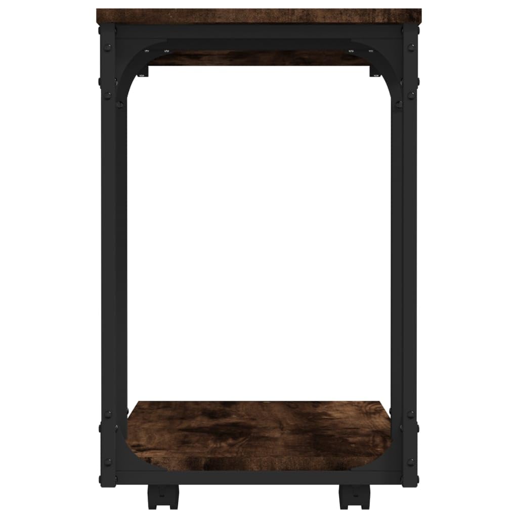 Mesa auxiliar con ruedas en forma de C, mesa de centro 50 x 35 x 55,5 cm, mesa portátil para portátil de madera y acero, mesa de sofá con estante para salón y dormitorio, roble ahumado