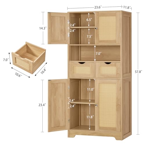 Image of TEENFON 57.8 inch H Tall Storage Cabinet with 2 Drawers & 2 Adjustable Shelves, Rattan Cabinets with 4 Doors, Cupboard, Kitchen Cabinets, Pantry Cabinet, Tall Cabinet for Living Room, Entryway, Natural