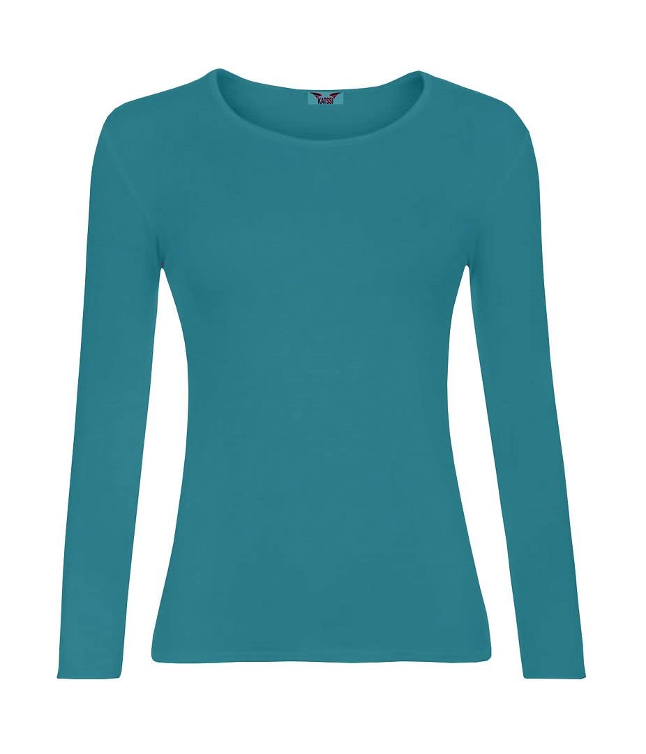 KATSSI Women’s Ladies Long Sleeve Stretch Plain Round Scoop Neck T Shirt Top SM Teal