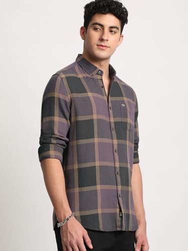 Image of Men Purple Checked Slim Fit Cotton Casual Shirt