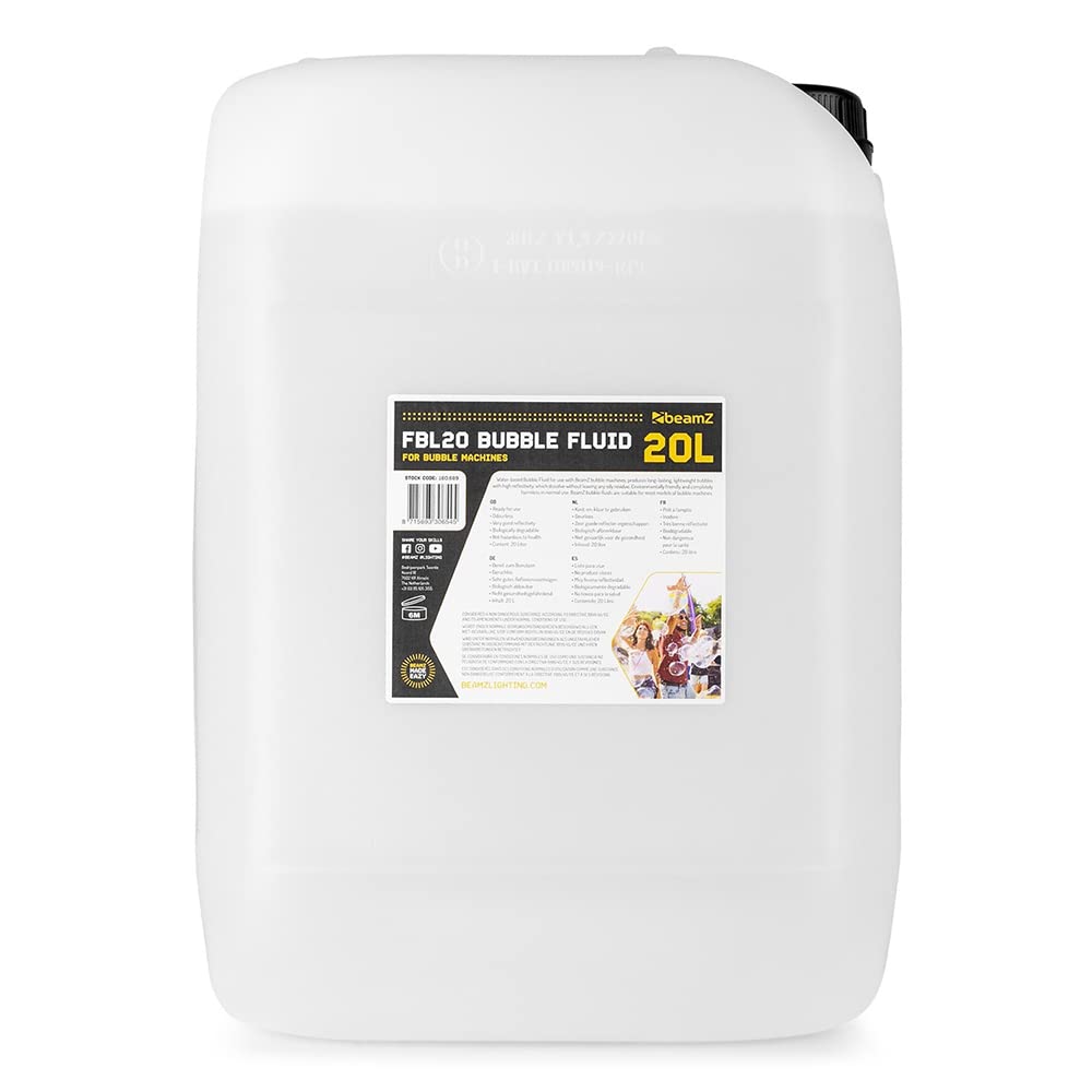 BeamZ FBL20 Líquido para Burbujas 20 Litros, Liquido Pompas de Jabon para Maquina Burbujas Profesional, Liquido para Maquina Pompas de Jabon Niños y Adultos, Fiestas y Eventos, Ecológico, 20L