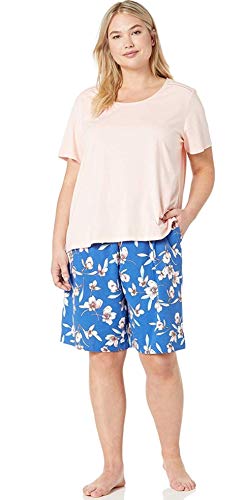 Karen Neuburger Women's Petite Top And Bottom Pajama Set Pj With Sweat Wicking Technology, Shell Pink, Floral Delft Bermuda, P/L #TOP28