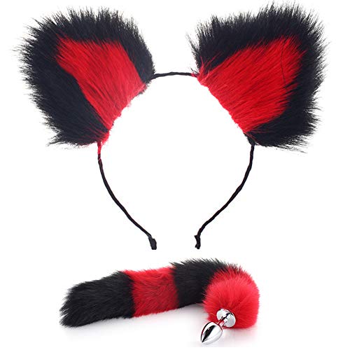 Artificial Hair (White Black) Plush Hairpin Ears Headband Headdress +Fox Tail Chrome Metal Plug Cosplay Toy (Black Red)