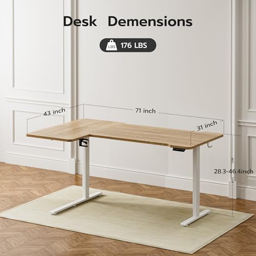 Image of Acrolix L Shaped Electric Standing Desk, 71x43.5 Inch, Oak | 176 lb capacity,28.3-46.4 inch height,3 memory presets,quiet <45dB motor,cup holder&hook,home office gaming corner desk