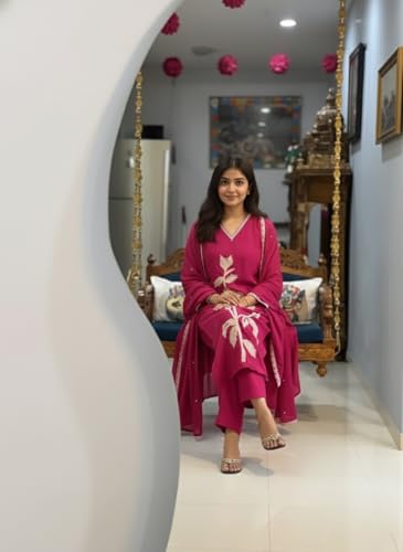 Image of ANNI Designer Women Rayon Viscose Straight Embroidered Kurta with Pant and Dupatta | 3 /4 Sleeve | V-Neck | Ethnic Kurta Set for Women