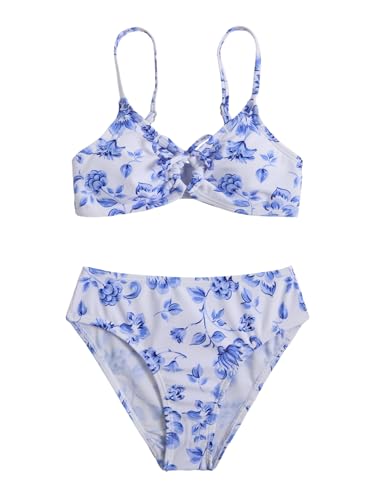 Image of COZYEASE Girls' 2 Piece Ditsy Floral Print Knot Front Ruched Triangle Bikini Swimsuit