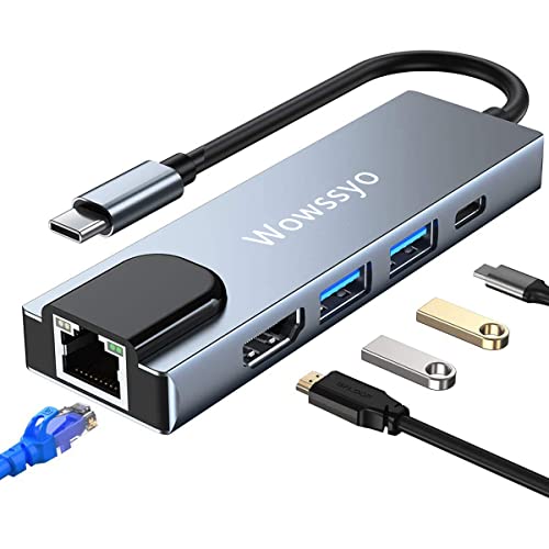 Wowssyo Hub USB C Ethernet LAN RJ45, Adaptador USB C Multipuerto 6 en 1, 4K HDTV, USB 3.0, PD 100W, Dock USB c para MacBook Pro/Air, iPad Pro/Air, Chromecast, Switch, DELL, PS4, Windows, Mobile etc