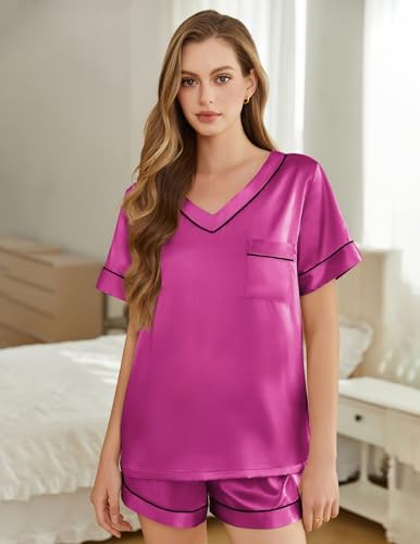 Image of Silk Pajamas for Women Short Sleeve Satin 2 Piece Pj Set Soft V Neck Sleepwear Loungewear, S-XXL