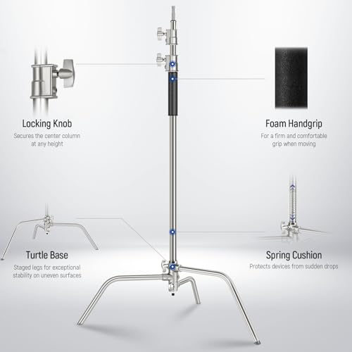 Image of NEEWER Basics 100% Stainless Steel Heavy Duty C Stand with Boom Arm, Max 10.5ft /320cm Photography Light Stand, 4.2ft /128cm Holding, 2 Grip Heads for Studio Monolight Softbox Reflector, SC320 Lite