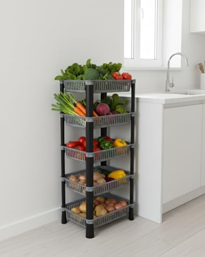 Image of U-Max Multi Tire Kitchen Storage Rack, Plastic Utility Shelf Organiser, Space Saving Storage Solution, Revolving Vegetable Rack (Silver-Regular, 5)