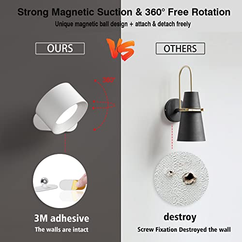 Image of Koopala LED Wall Sconces, Wall Mounted Lamps with Rechargeable Battery Operated Dim 3 Brightness Removable Charging 360Rotate Magnetic Ball, Cordless Wall Light for Reading Study Bedside Hallway