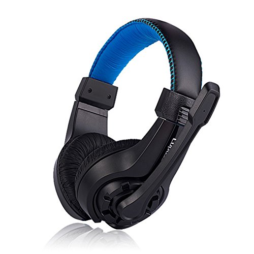 Tianu Auriculares de diadema para videojuegos, sonido de graves estéreo con cancelación de ruido (con micrófono) para PC, ordenador portátil azul azul