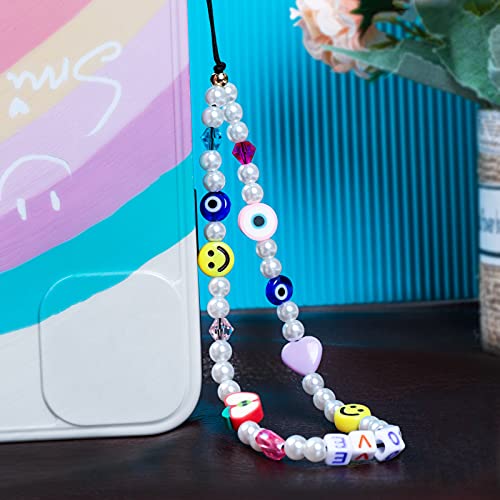 Ninelimi 3 Pieces Smile Face Beaded Phone Lanyard Wrist Strap Fruit Star Letter Pearl Handmade Rainbow Polymer Clay Acrylic Beads Pearl Bracelet Keychain For Women #TOP3