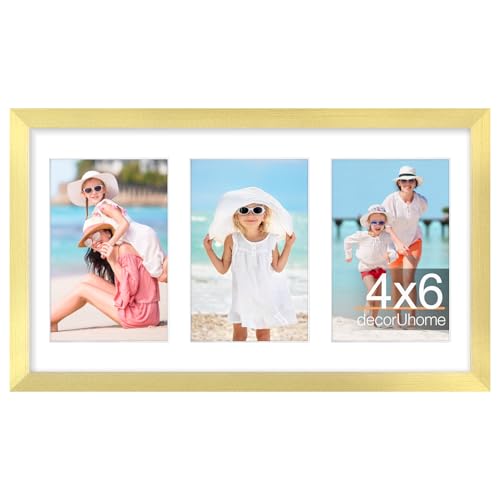 decorUhome 8x14 Picture Frames Collage Wall Decor, Display 3Pcs 4x6 Photos with Mat or 1Pcs 8x14 Unmatted, 3 4x6 Collage Picture Frames for Wall Mounting, Gold
