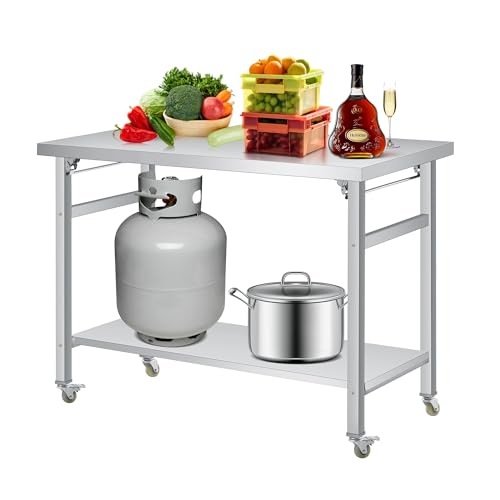 Stainless Steel Folding Table (48x24 in), Commercial Work Table w/Lockable Casters & Undershelf, for Home, Kitchen, Restaurant, Garage, Camping, Outdoor, 920LBS Load, Foldable Double-Tier Workstation