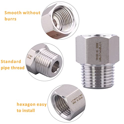 Image of Forged Reducer Adapter Fitting - Stainless Steel 304 Reducing Pipe Connector, 1 /2 inch NPT Female x 1 /2 inch NPT Male (pack of 5)