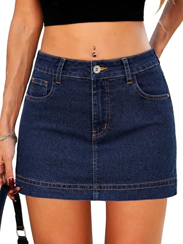 ELLEVEN Jean Skirt with Shorts Underneath Denim Skirt Women Summer Mini Skirts for Women Y2K Cute High Waisted Skirts Denim Mini Skort Dark Blue Denim Large
