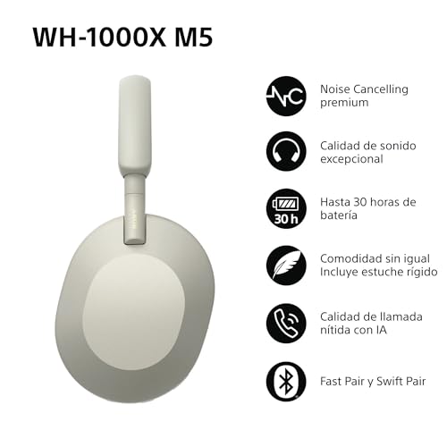 Sony WH-1000XM5 Noise Cancelling, Auriculares Bluetooth de diadema, Llamadas cristalinas, Hi-Res, 30 h de batería, Carga rápida, Incluye Funda rígida, iOS, Android - Plata - imagen 3