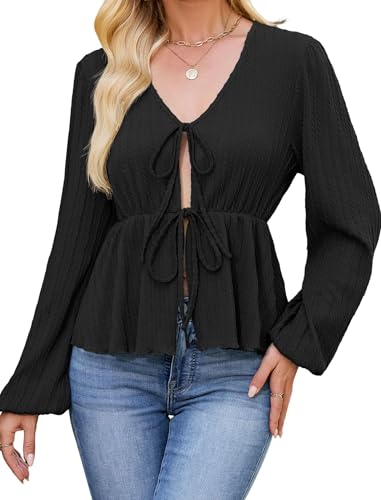 ZAFUL Women's V Neck Knit Top 2025 Long Sleeve Tie Front Shirts Tunics Flowy Rib Blouse Y2k Fall Outfit