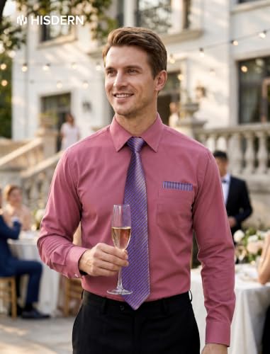 Image of HISDERN Mens Dress Shirt with Tie Pocket Square Set Classic Button Down Shirt Matching Tie Long Sleeve Shirts