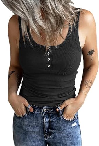 Fessceruna Damen Tops Sexy Tanktop Ärmellos Sommer Oberteil | U-Ausschnitt, Einfarbig, Gerippt Sommertop, Camisole Shirt mit Knöpfen, Elegant Träger-Tops