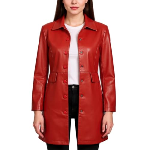 HotYou Elegantes Chaqueta Efecto Piel Motociclista Blazer Cuero Sintético Abrigo Larga Cazadora Mujer Manga Larga,Rojo,XXL