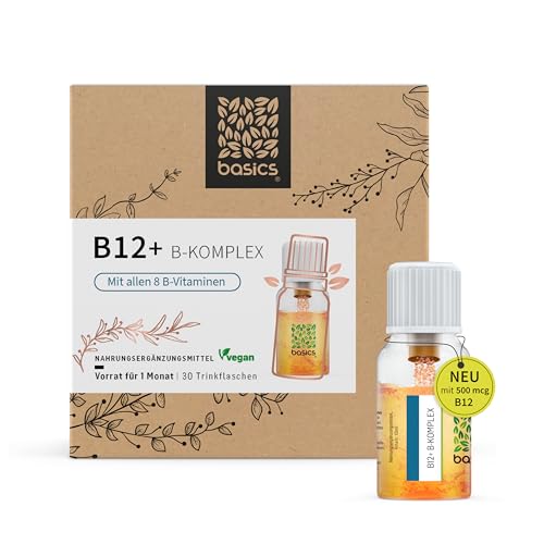 basics B12 + B-Komplex mit allen 8 B-Vitaminen - Hochdosiert mit 500mcg Vitamin B12 - für mehr Energie und Unterstützung des Nervensystems - 30 Trinkflaschen - 10ml pro Tagesdosis – Vegan