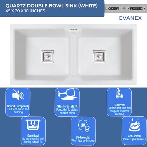 Image of EVANEX Quartz Kitchen Sink|Double Bowl Sink for Kitchen|Topmount /Undermount Kitchen Sinks|White Double Sink with Connector, Waste Pipe, Coupling and Drain Basket|45x20x9 Granite Kitchen Sinks