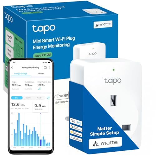 Tapo P110M Smart Plug, WiFi Plug, Energy Monitoring, Electricity Usage Monitor, MATTER Certified, App Remote Control, Voice Control, Alexa Plug, Works with Alexa & Google, Away Mode, Compact Design