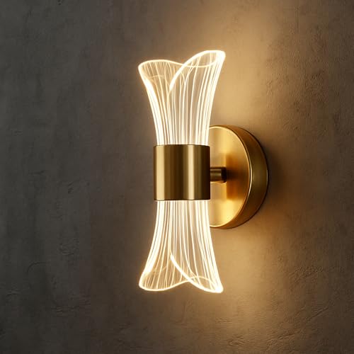 Image of SINOMAN Modern Inbuilt LED Wall Sconce Light Gold Finish, Up and Down Wall Mounted Fixture Acrylic Shade, Decorative Indoor Wall Lamp for Living Room, Bedroom, Hallway, Bathroom (3 Lighting Mode)