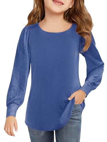 Image of Haloumoning Girls Puff Long Sleeve Shirts Fall Tops 5-14Y | Casual,Solid Color,Crewneck, Soft, Tunic Tops Blouse,Kids Long Sleeve T Shirt,,Fashion Clothes