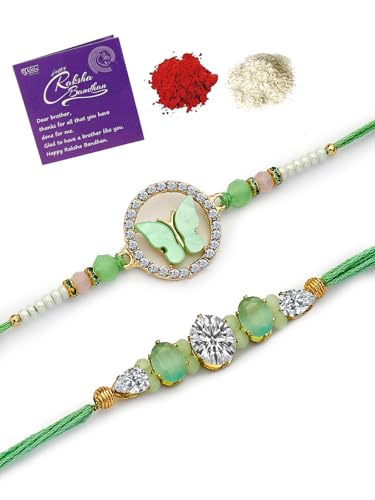 Image of Sukkhi Rakhi Iconic Designer Kundan Meenakari Red Green Gold Plated Premium Rakhi for Brother with Roli Chawal & Greeting Card|Rakhi for Brother /Bhaiya /Bhai /Men|Rakhi Combo-Set of 2