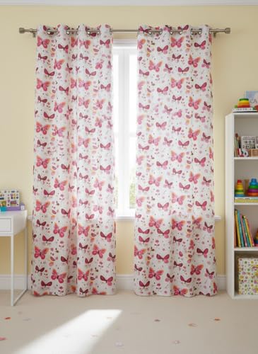Image of Butterfly Print Curtains 7 feet Long,Girls Room Pink Color Curtain for Kids Room, 4x7 feet Size
