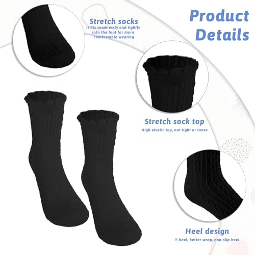 Giantree 4Pcs Women's White Crew Socks - Ruffle & Cable Knit Lettuce Edge Socks3