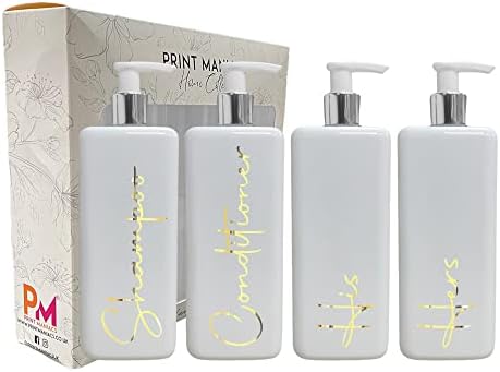 Print Maniacs Mrs Hinch Inspired Signature White 500ml Square Reusable Dispenser Bottle Silver Pump Personalised Bathroom Storage Toiletries Set F2 (Grey, Shamp, Con, Body Wash)