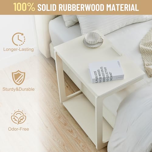 Image of Uniclinens Wooden White Side Table, White End Tables Small C Shaped End Table, Couch Tables Slide Under Sofa, Rolling Side Table with Wheels for Bedroom Living Room