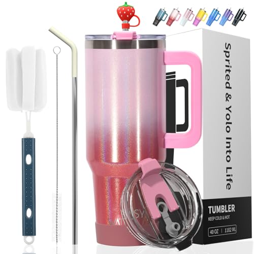 Image of 40 oz Shiny Tumbler with Handle and Straw,Stainless Steel Tumbler with Lid and Straw,Insulated Travel Mug(Cold for 34 Hours),Water Bottle for Iced Tea,Coffee (Red)