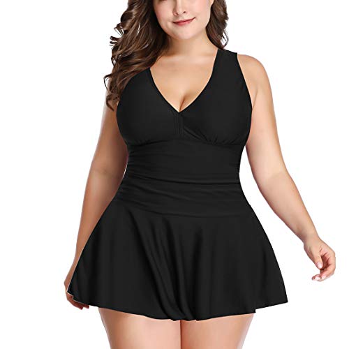 YONKINY Damen Badekleid Große Größen Sommer Elegant Badeanzug mit Shorts Tankinis Bademode Große Größen mit Röckchen Schwimmkleid Strandmode (Schwarz, 3X-Large) Cover