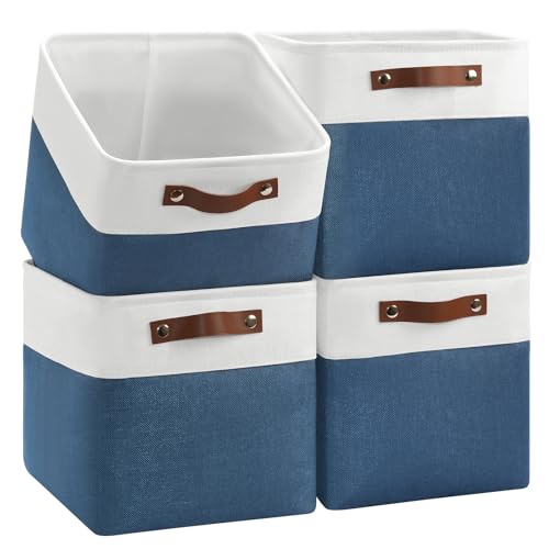 Image of Patvingot 4-Pack Foldable Fabric Storage Cubes 11x11 Inch, Sturdy Cube Organizer Bins with Leather Handles, Storage Baskets for Closet Shelves and Home Organization(White/Blue)