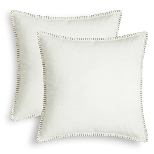 CaliTime Throw Pillow Cases Pack of 2 Cotton Thread Stitching Edges Solid Dyed Soft Chenille Cushion Covers for Couch Sofa Home Farmhouse Decoration 55cm x 55cm Cream